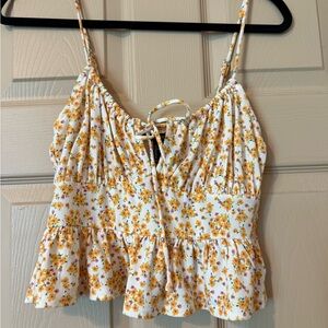 Forever 21 White and Yellow Ruched Tie Front Camisole